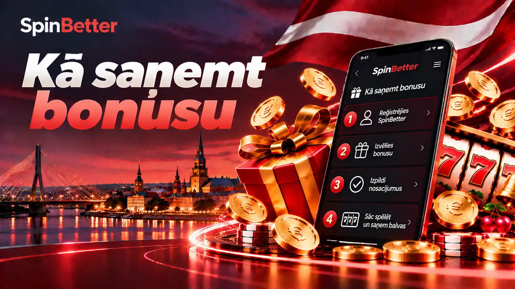 SpinBetter ekrāns Kā saņemt bonusu ar četriem soļiem no reģistrācijas līdz spēlei
