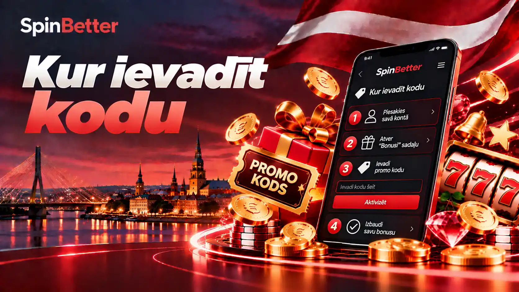 SpinBetter ekrāns Kur ievadīt kodu ar četriem soļiem un lauku Ievadi kodu šeit