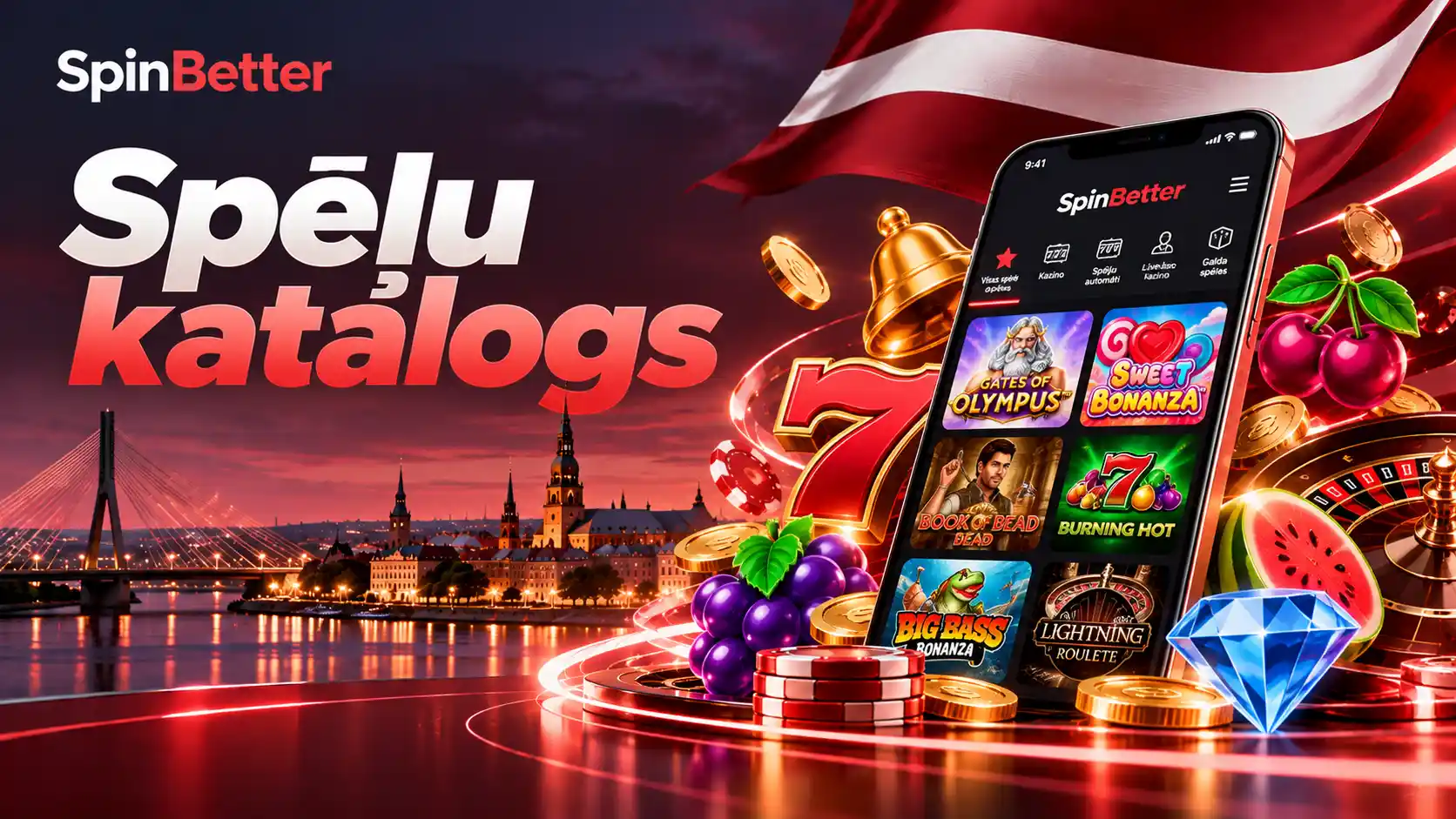 SpinBetter casino spēļu katalogs telefonā ar Gates of Olympus, Sweet Bonanza un Book of Dead