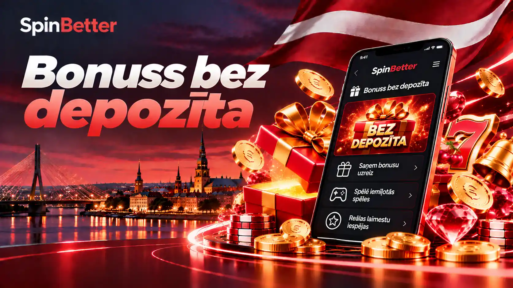 SpinBetter bonuss bez depozīta: ekrāns ar dāvanu kasti un sadaļām par bonusu saņemšanu
