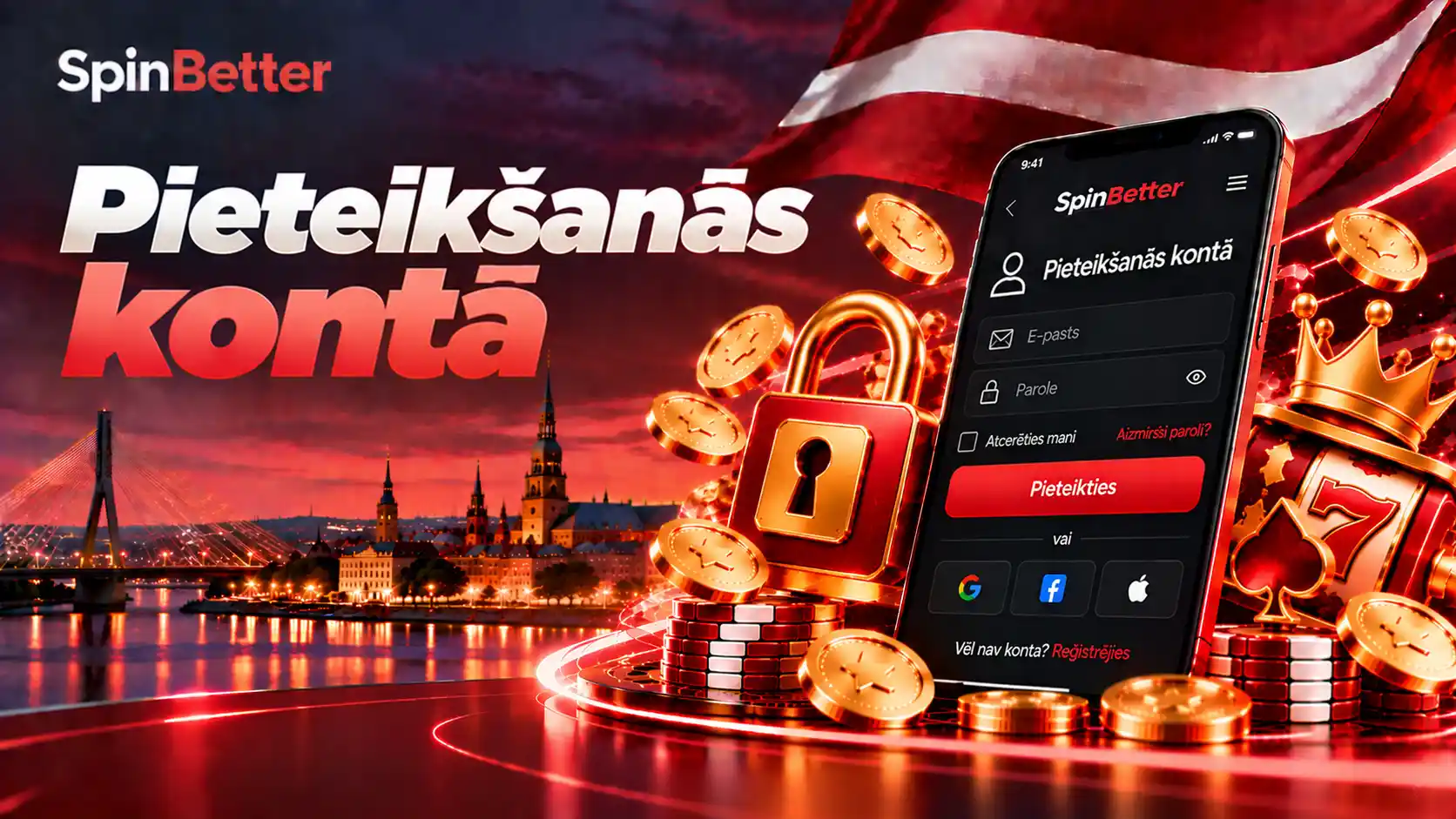 SpinBetter pieteikšanās ekrāns ar e-pasta, paroles un sociālo tīklu laukiem