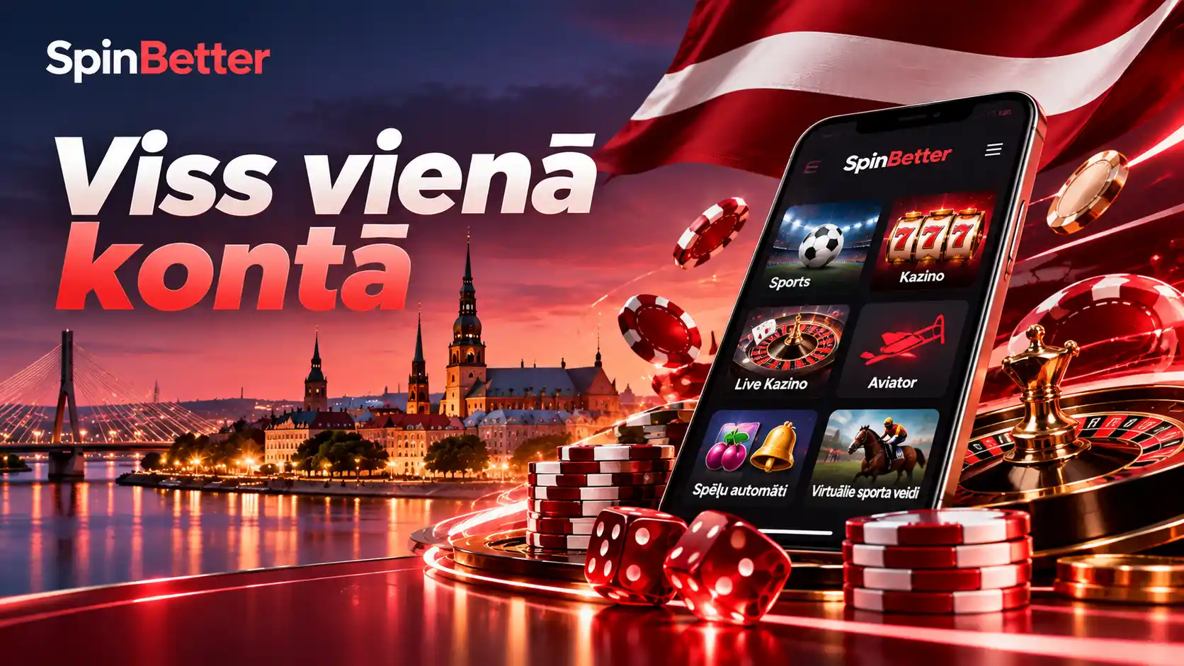 SpinBetter mobilā galvenā izvēlne ar sadaļām Sports, Kazino, Live kazino un Aviator